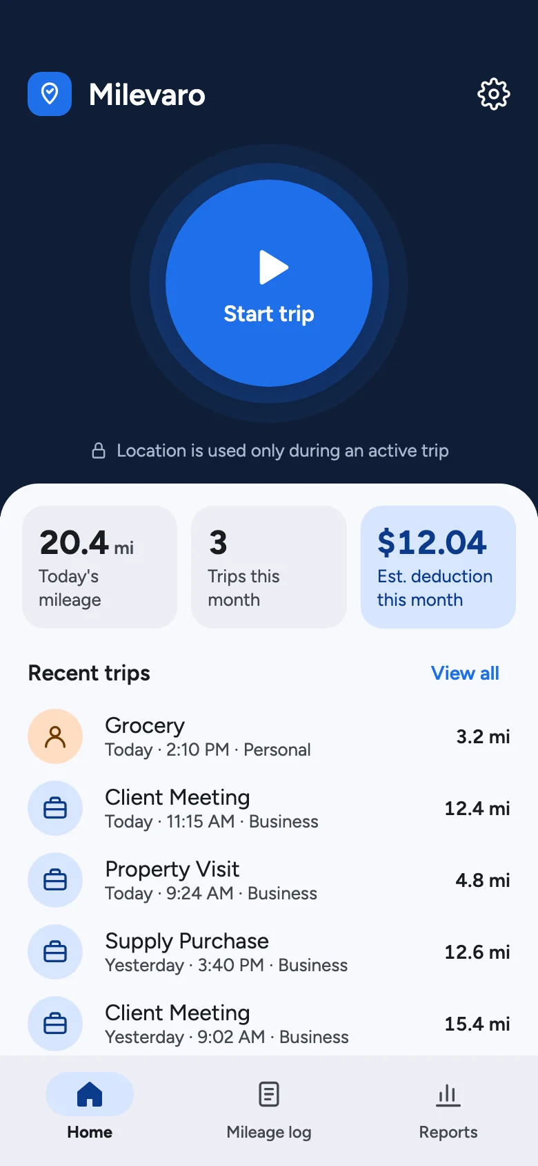 Milevaro home screen on Android with Start trip button and recent trips