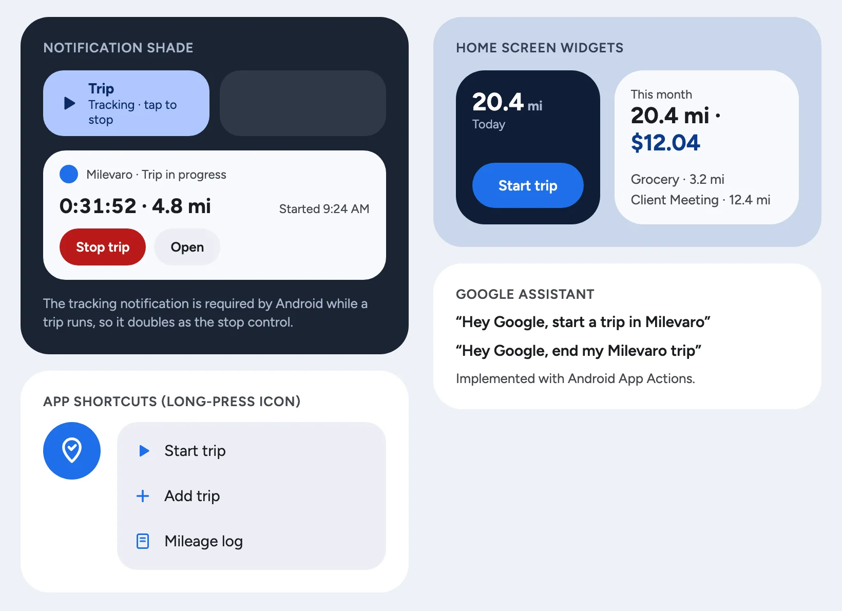 Android quick start: tracking notification with Stop trip, Quick Settings tile, home screen widgets, app shortcuts and Google Assistant phrases