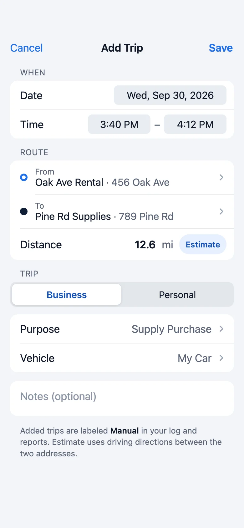 Add Trip form with date, time, from and to places, distance with an Estimate button, type, purpose and vehicle
