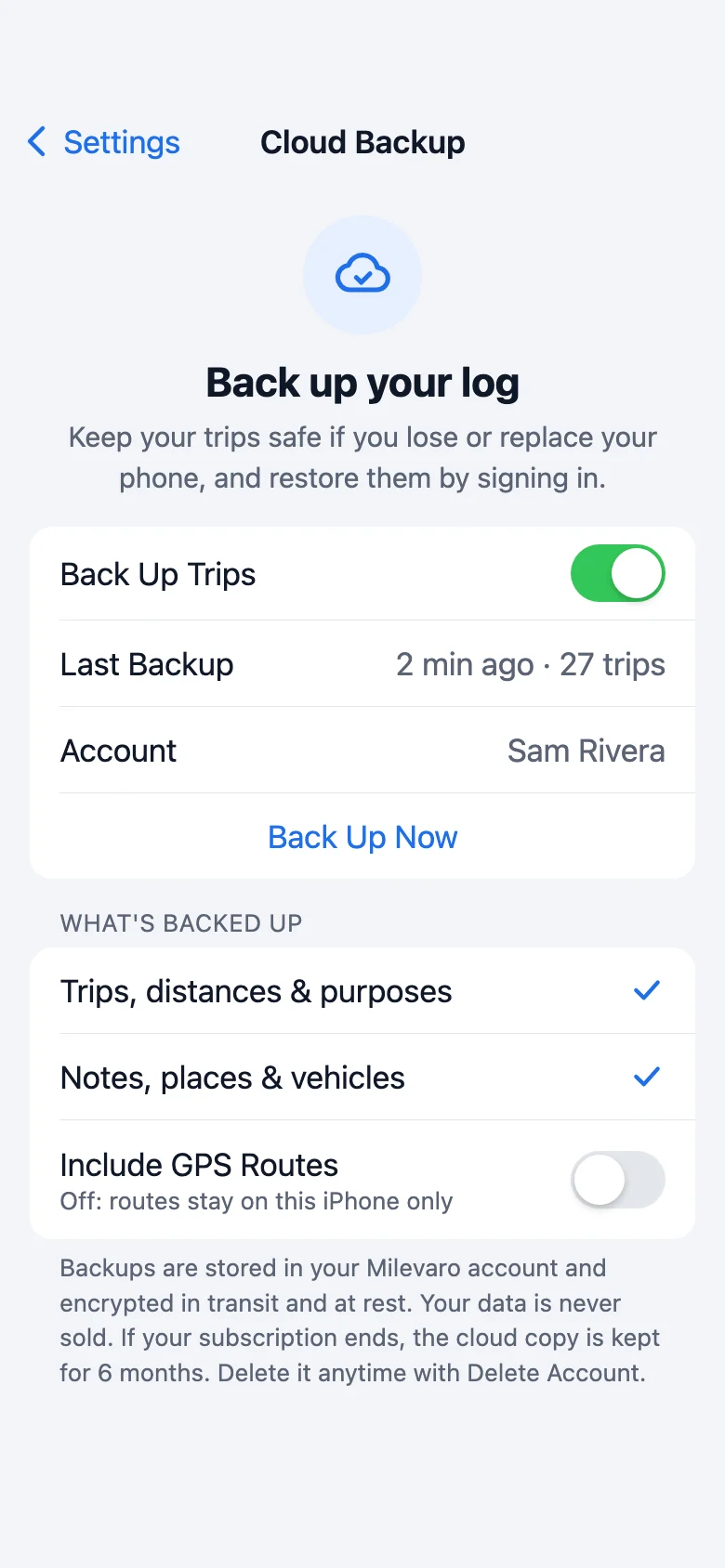 Cloud Backup settings with backup turned on, last backup time and GPS routes left off