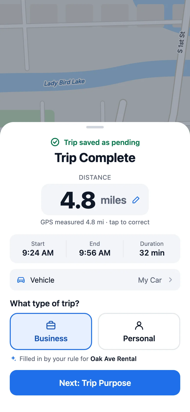 Trip complete sheet with editable distance and Business or Personal choice