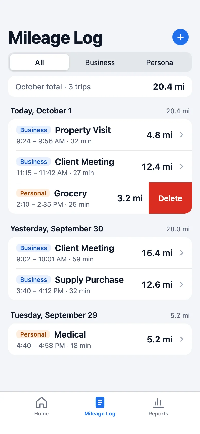 Mileage Log on iPhone, trips grouped by day with Business and Personal labels