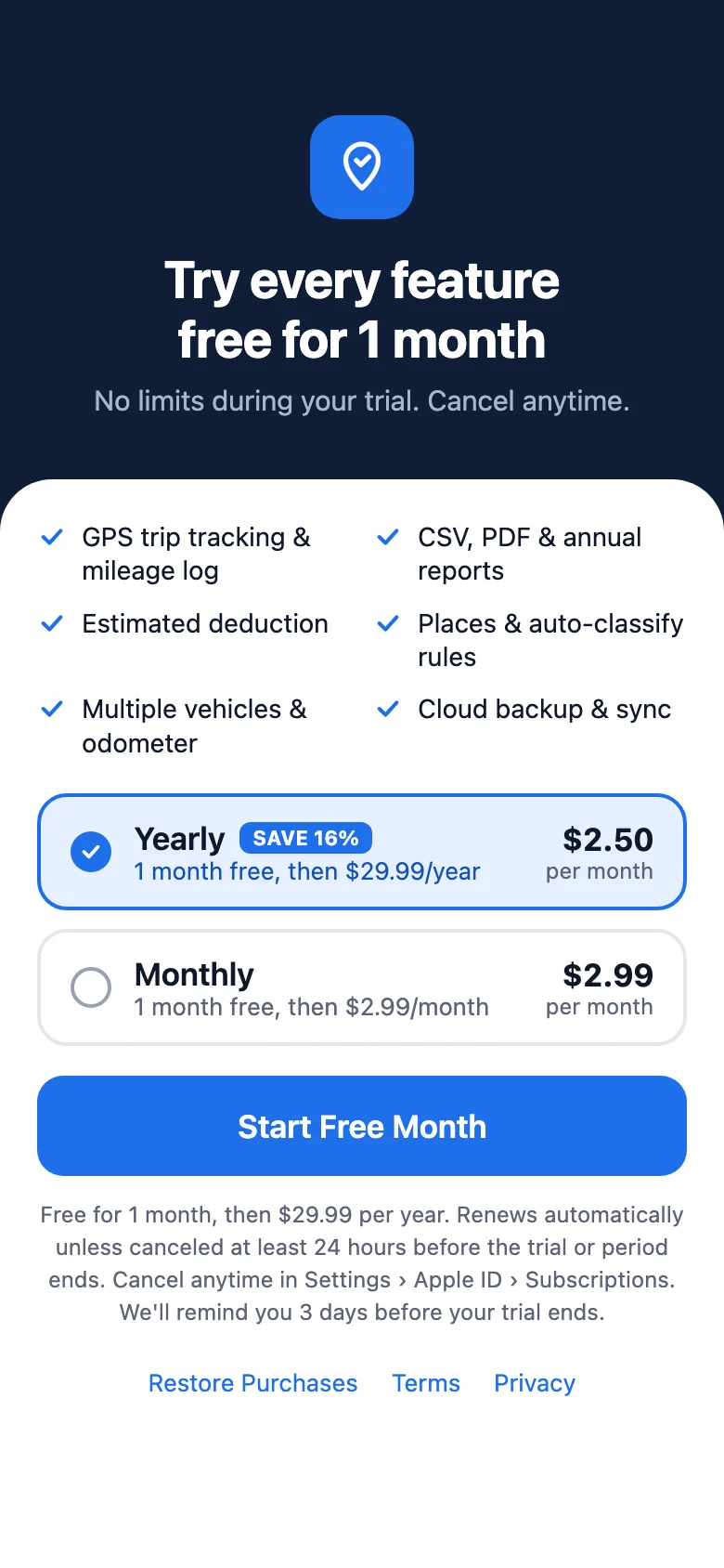 Subscribe screen: try every feature free for 1 month, then $29.99 per year or $2.99 per month