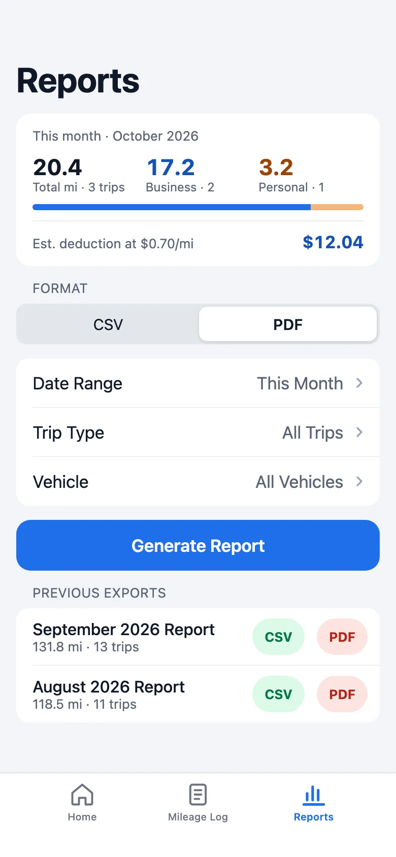 Reports screen with CSV or PDF format, date range and Generate Report