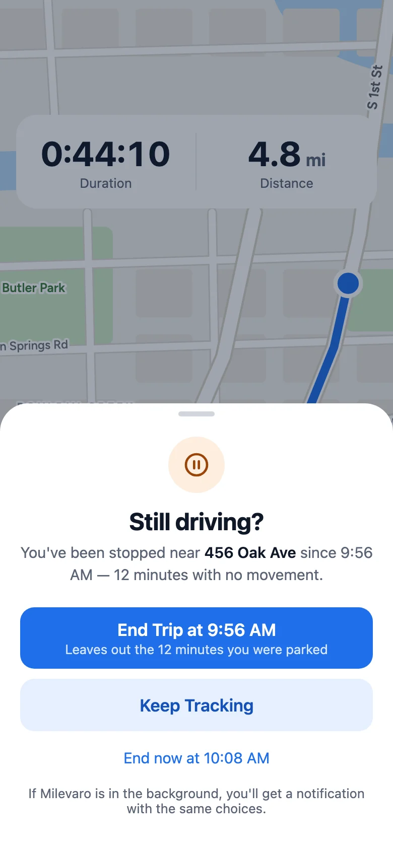 Still driving? prompt offering to end the trip at 9:56 AM, when the car stopped, or keep tracking